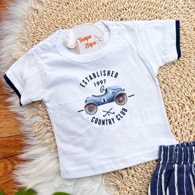 Conj. Camiseta Country Club e Bermuda Listrada - Branco e Marinho